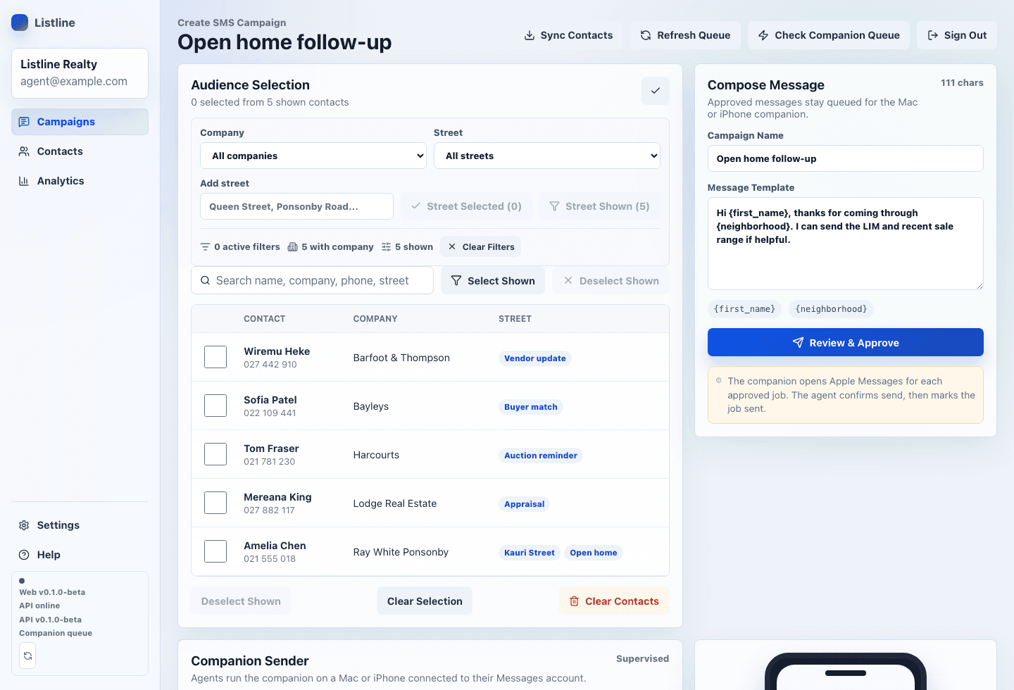 A sleek software dashboard interface showing real estate campaigns with a minimalist dark mode aesthetic.